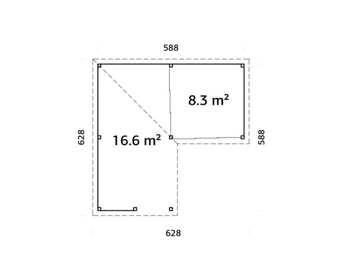 Plan d''un abri de jardin mesurant 588 centimètres sur 588 centimètres et 628 centimètres sur 628 centimètres, avec une surface de 8,3 et 16,6 mètres carrés