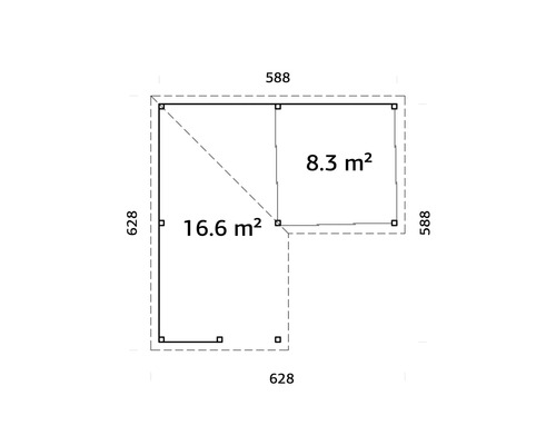 Plan d''une cabane de jardin mesurant 628 sur 628 et 588 sur 588, avec une superficie de 16,6 et 8,3 mètres carrés