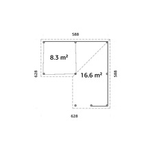 Plan d''un abri de jardin avec indication des surfaces de 8,3 m² et 16,6 m² et des longueurs de côtés de 588 et 628 cm.