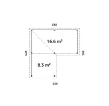 Plan avec dimensions 588, 628, 16,6 mètres carrés et 8,3 mètres carrés