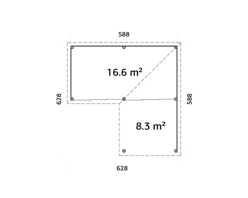 Plan d''un abri de jardin mesurant 588 x 628 centimètres et d''une surface de 16,6 mètres carrés et 588 x 628 centimètres et d''une surface de 8,3 mètres carrés
