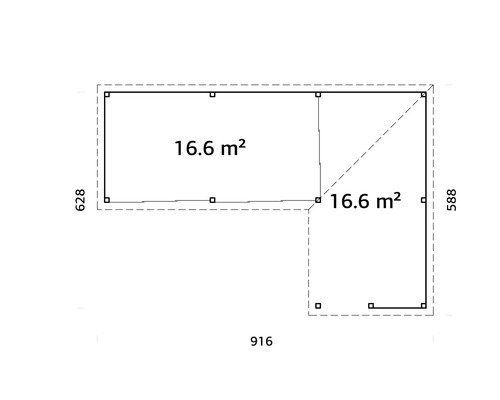 Plan d''un abri de jardin mesurant 628 x 916 x 588 cm avec une superficie de 33,2 mètres carrés