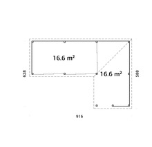 Plan d''un abri de jardin mesurant 628 x 916 x 588 et d''une superficie de 16.6 m2