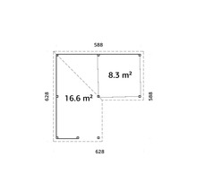 Plan d''un abri de jardin mesurant 588 sur 588 et 628 sur 628, avec une superficie de 8,3 et 16,6 mètres carrés