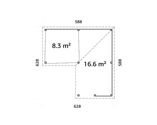 Plan d''un abri de jardin mesurant 588 x 628 cm et d''une superficie de 8,3 et 16,6 mètres carrés