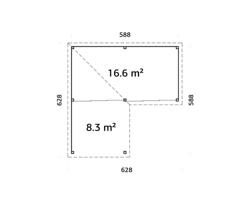 Plan avec dimensions: 16,6 mètres carrés et 8,3 mètres carrés