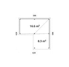 Plan avec les dimensions 588 par 628 et l''indication de 16,6 mètres carrés et 8,3 mètres carrés