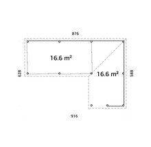 Plan d''un abri de jardin avec des dimensions de 876 x 916 x 628 x 588 et une surface de 16,6 mètres carrés.