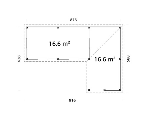 Plan d''un abri de jardin avec des dimensions de 876 x 916 x 628 x 588 et une surface de 16,6 mètres carrés.