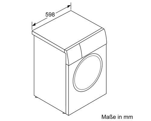 Schéma d''un lave-linge avec indication de dimension de 598 millimètres.