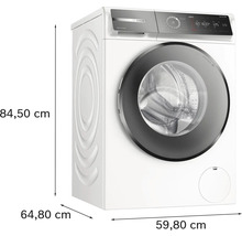 Machine à laver en pose libre avec des dimensions de 84,50 cm de hauteur, 64,80 cm de profondeur et 59,80 cm de largeur.