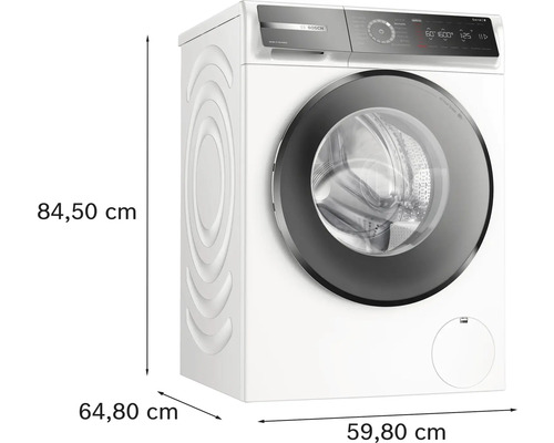 Machine à laver en pose libre avec des dimensions de 84,50 cm de hauteur, 64,80 cm de profondeur et 59,80 cm de largeur.