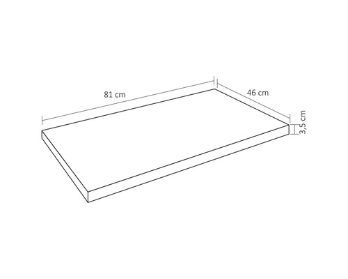 Vue de dessus d''un plan de travail mesurant 81 cm de long, 46 cm de large et 3,5 cm de haut