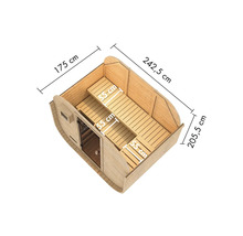 Vue intérieure d''un sauna tonneau avec dimensions.