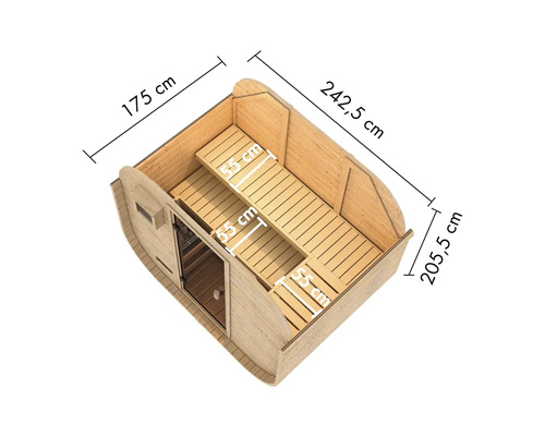 Vue intérieure d''un sauna tonneau avec dimensions.