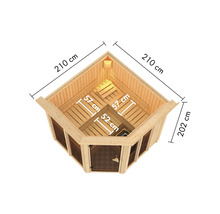 Vue de dessus du sauna d''angle avec des dimensions de 210 cm sur 210 cm sur 202 cm.