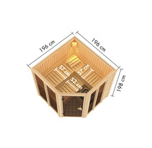 Dimensions d''un sauna d''angle avec porte et fenêtres en verre, longueur latérale de 196 cm et hauteur de 198 cm