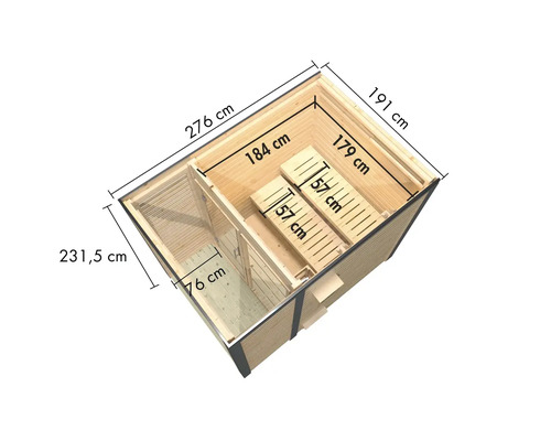 Draufsicht auf eine Sauna mit Maßangaben der Saunabänke sowie der Außenmaße.