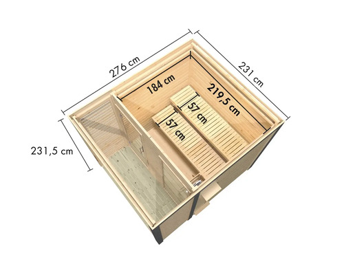Draufsicht einer Gartensauna aus Holz mit den Maßen 276 mal 231,5 Zentimeter
