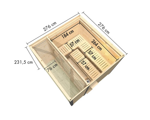 Draufsicht der Sauna mit den Maßen 276 cm x 276 cm, Sitzbank 57 cm tief und Vorraum 231,5 cm x 76 cm