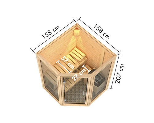 Innenansicht einer Sauna mit den Maßen 158 x 158 x 207 cm, inklusive Bänken und Ofen.