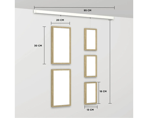 Bildergalerie mit fünf Bilderrahmen und Maßen