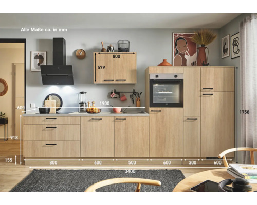 Cuisine en bois avec appareils électriques et indications de mesure