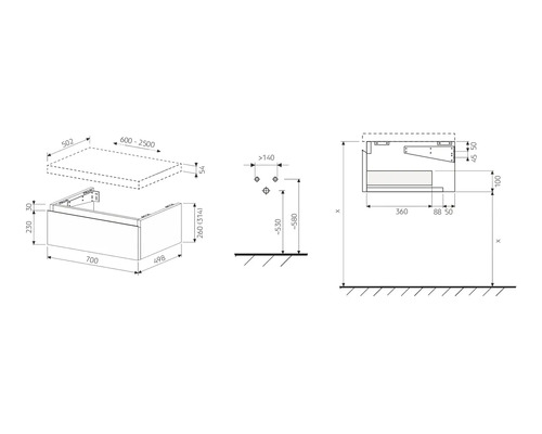 Masszeichnung Waschtischunterschrank mit Abmessungen
