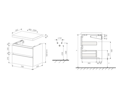 Schéma technique d''un meuble sous-lavabo avec dimensions