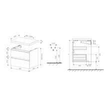 Dessin technique d''un meuble sous-lavabo avec dimensions.