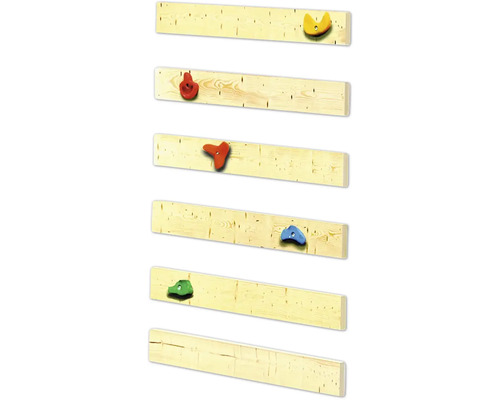 Kletterwand mit verschiedenen Klettergriffen aus Holz