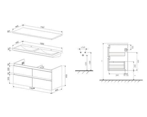 Schéma technique d''un meuble de salle de bain avec double vasque et dimensions