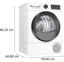 Sèche-linge pompe à chaleur Bosch avec des dimensions de 84,20 cm de hauteur, 64,80 cm de largeur et 59,80 cm de profondeur