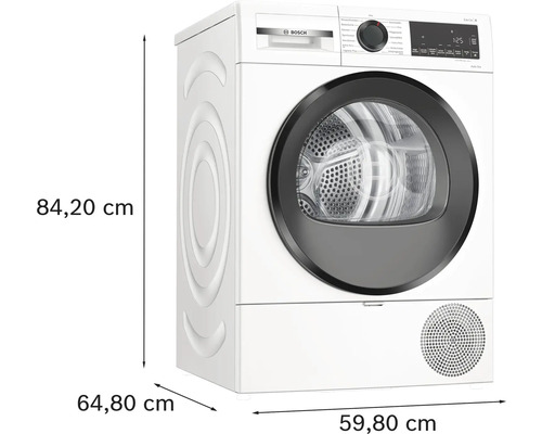 Sèche-linge pompe à chaleur Bosch avec des dimensions de 84,20 cm de hauteur, 64,80 cm de largeur et 59,80 cm de profondeur