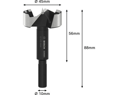 Foret Forstner d''un diamètre de 45 mm et d''une longueur totale de 88 mm