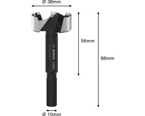 Fraise à bouchon Bosch Expert d''un diamètre de 38 mm et d''une longueur totale de 88 mm.