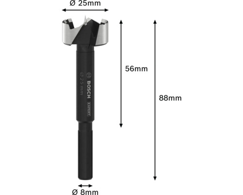 Tête de perçage avec des dimensions de 25 mm de diamètre de la tête, 56 mm de hauteur de la tête, 88 mm de hauteur totale et 8 mm de diamètre de la tige