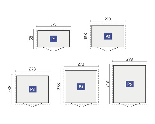 Plans de différents abris de jardin avec indication des dimensions