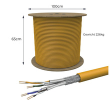 Câble jaune sur bobine en bois d'un diamètre de 100 cm, d'une hauteur de 65 cm et d'un poids de 226 kg.
