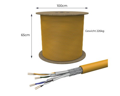 Câble jaune sur bobine en bois d'un diamètre de 100 cm, d'une hauteur de 65 cm et d'un poids de 226 kg.