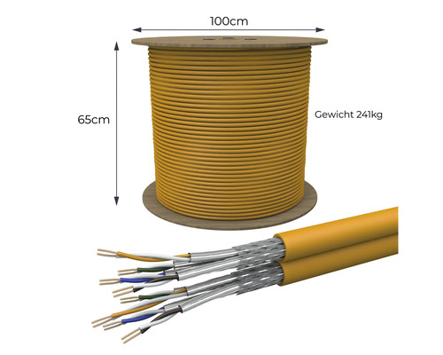 Gelbes Kabel auf Spule, Durchmesser 100 Zentimeter, Höhe 65 Zentimeter