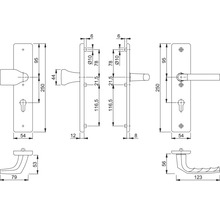 Technische Zeichnung eines Türdrückers mit Maßen.