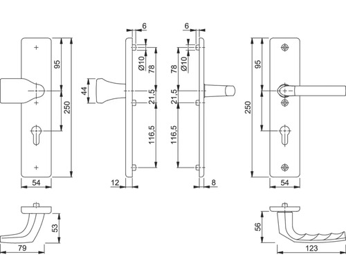Technische Zeichnung eines Türdrückers mit Maßen.