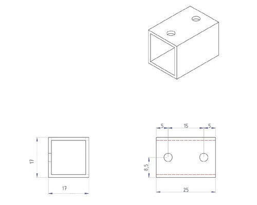 Dessin technique d''un connecteur de tube carré avec dimensions