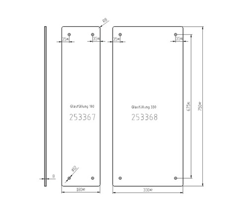 Technische Zeichnung von Glasfüllungen mit Maßangaben