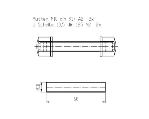 Schéma technique d''une vis M10 avec écrou et rondelle