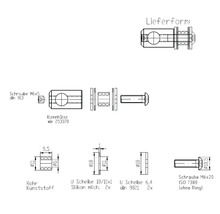 Schéma technique du tuyau, des vis et des rondelles avec indications de dimensions