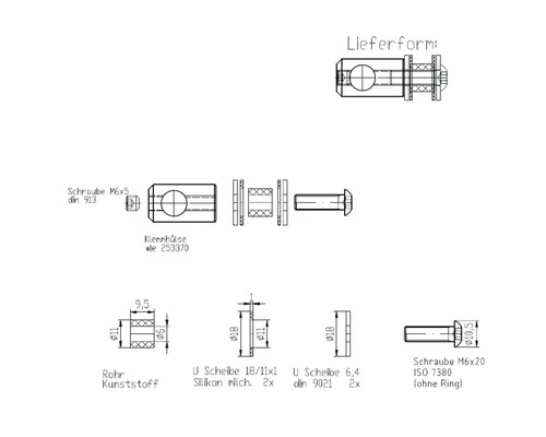 Schéma technique du tuyau, des vis et des rondelles avec indications de dimensions
