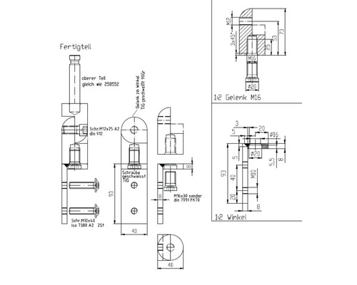 Dessin technique d''une pièce finie avec articulation et angle, comprenant des indications de dimensions et des détails sur le vissage et le soudage.