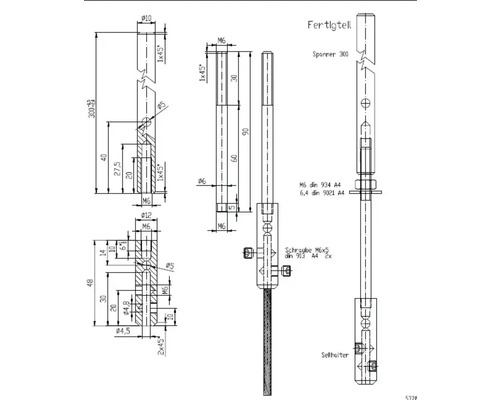 Dessin technique d''une pièce finie, d''un tendeur et d''un serre-câble avec indications de dimensions